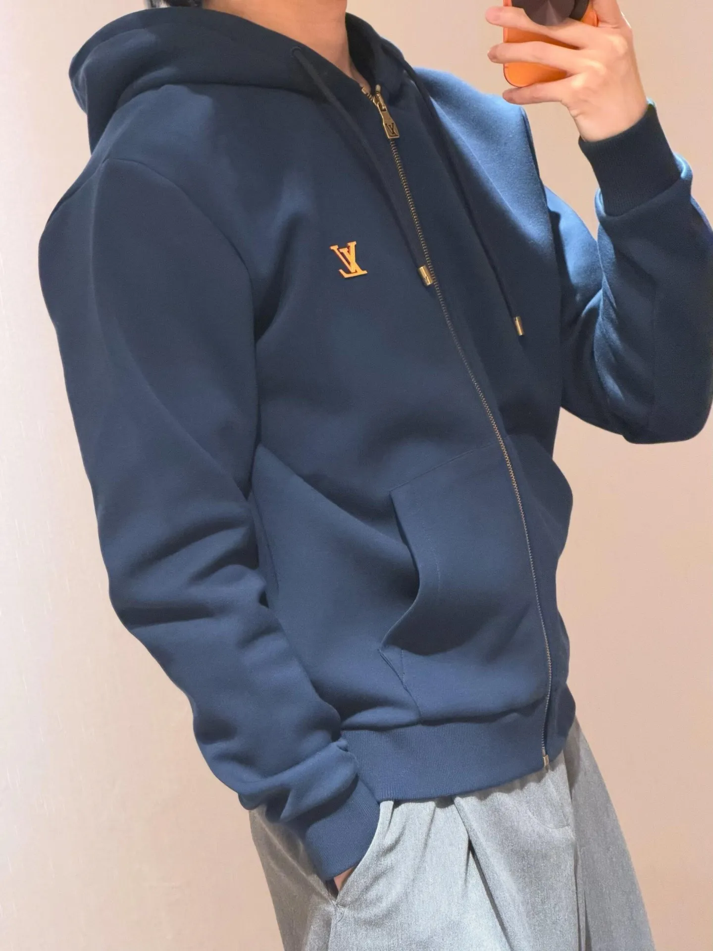Louis Vuitton/Louis Vuitton leather logo zipper hooded sweatshirt